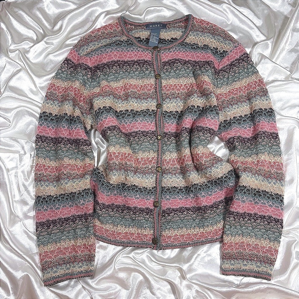 Vintage Koret Cardigan Sweater Pink Blue Excellent Lambswool Mohair Blend L